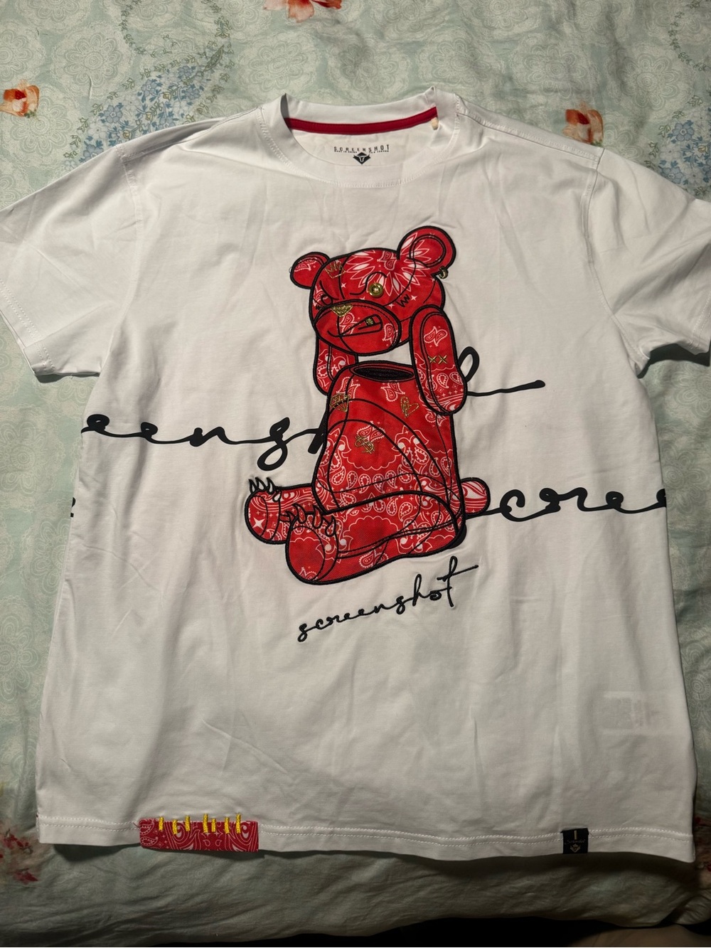 Screenshot White T-Shirt with Red Bandana Bear Graphic